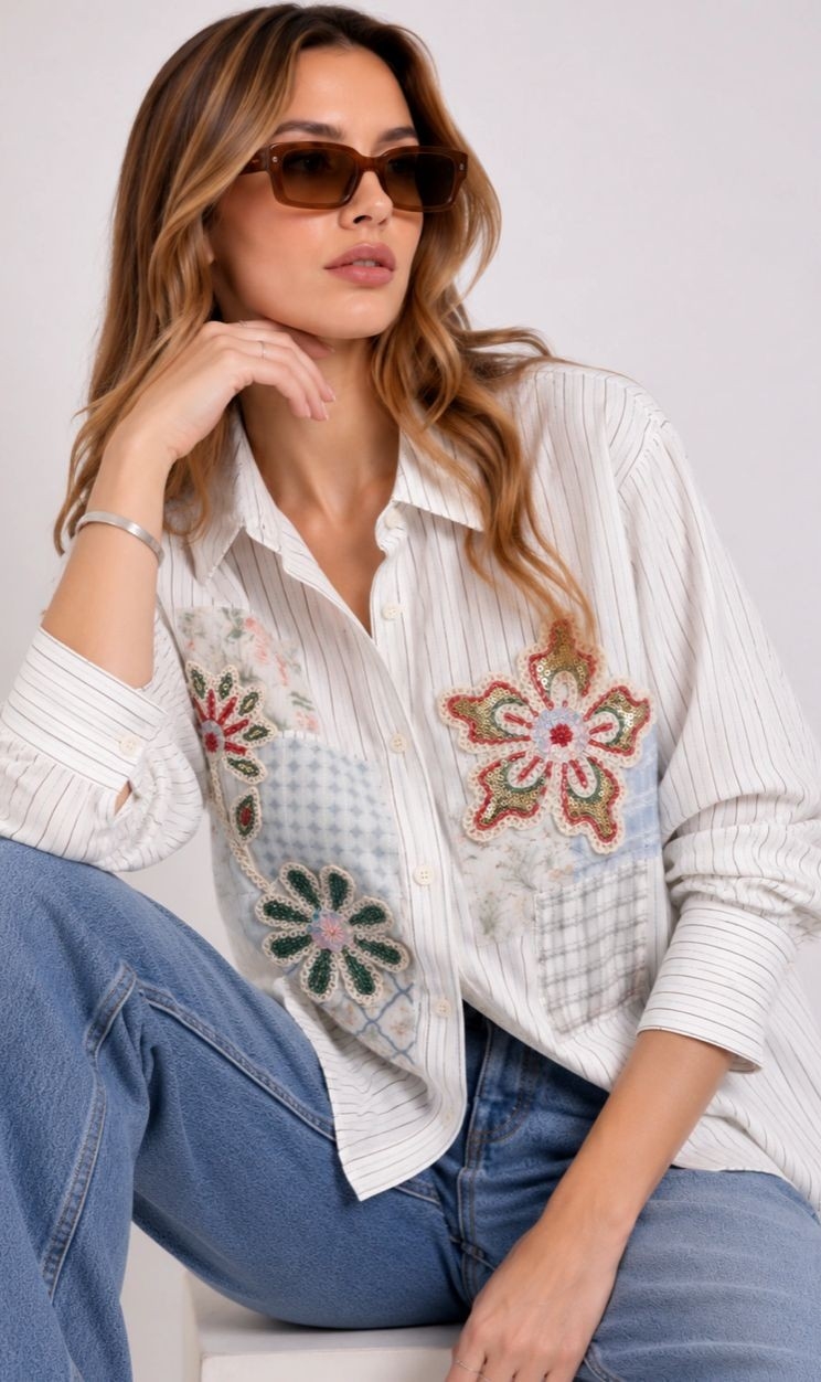 Camisa Bordada con Lentejuelas y Crochet Importado - Imagen 3