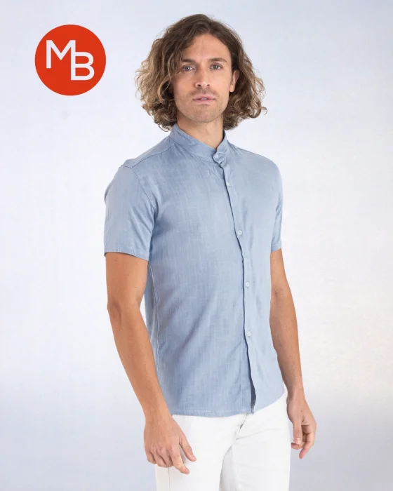 Camisa de Lino Manga Corta Cuello Mao Hombre