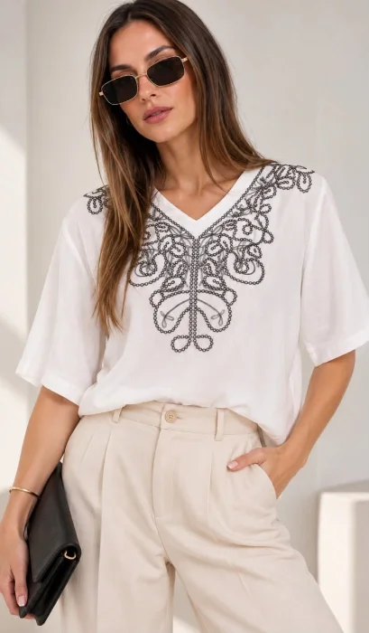 Blusa Bordada Lino Importado