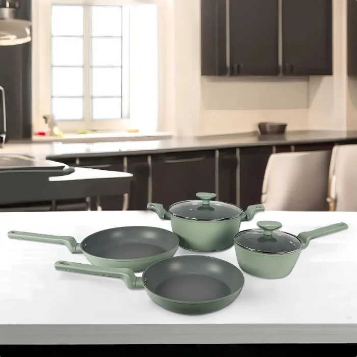 Set Batería Cocina K&k Antiadherente Aluminio 6 Piezas Verde Gris