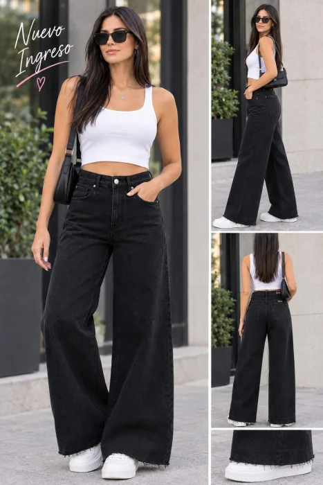 Art 1155 Pantalon de Jeans Negro con Vespunte en Azul con Botamanga Diferente