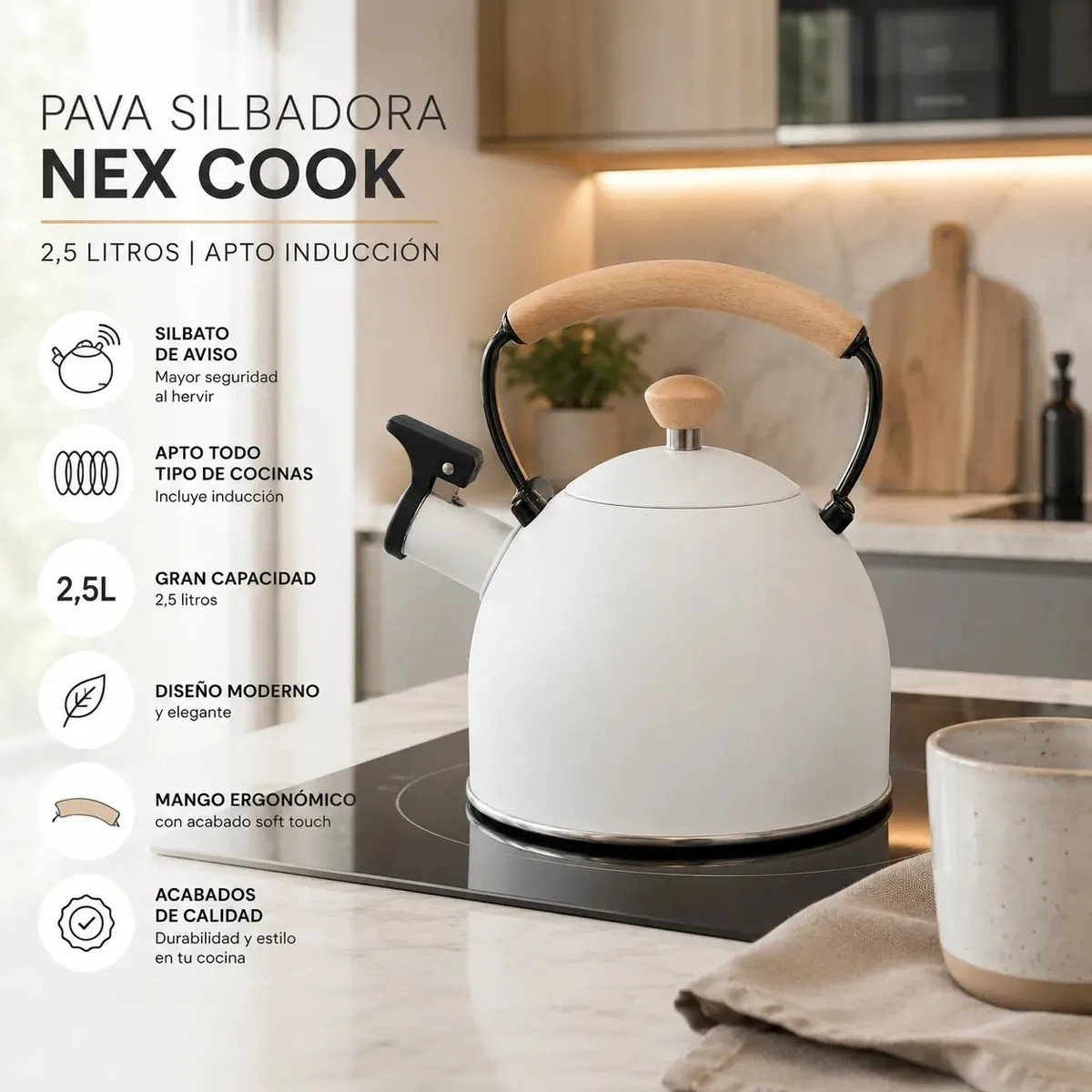 Pava Silbadora Acero Inoxidable Nex Cook 2.5l Blanca Apta Inducción Nex Cook - Imagen 2