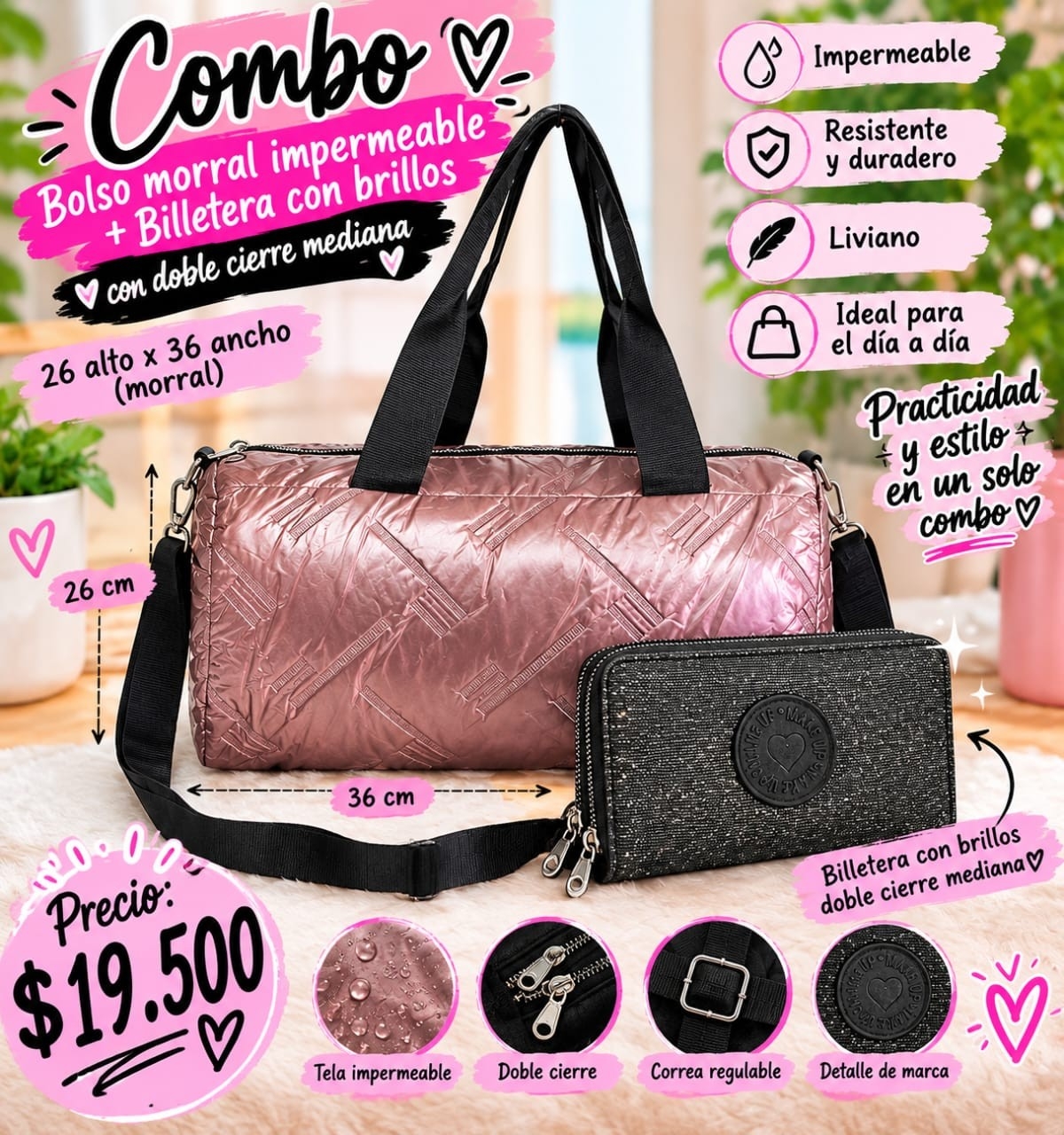 Bolso Morral Impermeable+ Billetera Doble Cierre Mediana - Imagen 1