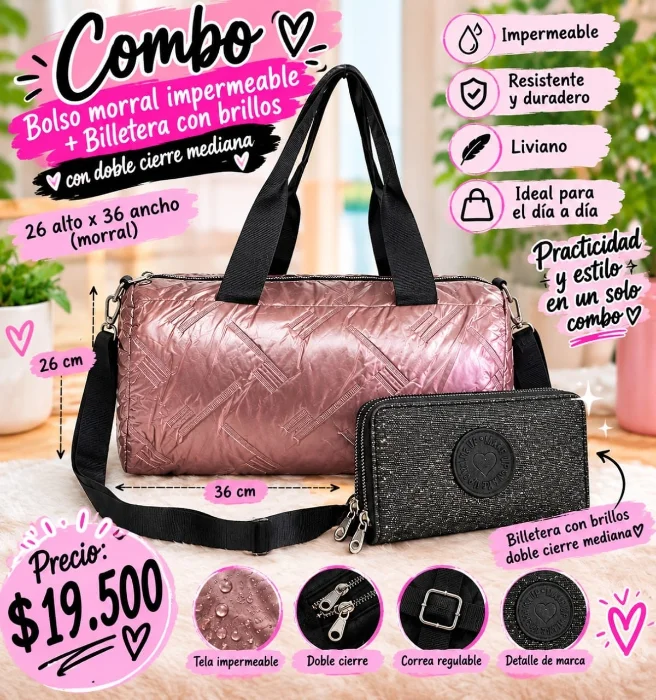Bolso Morral Impermeable+ Billetera Doble Cierre Mediana