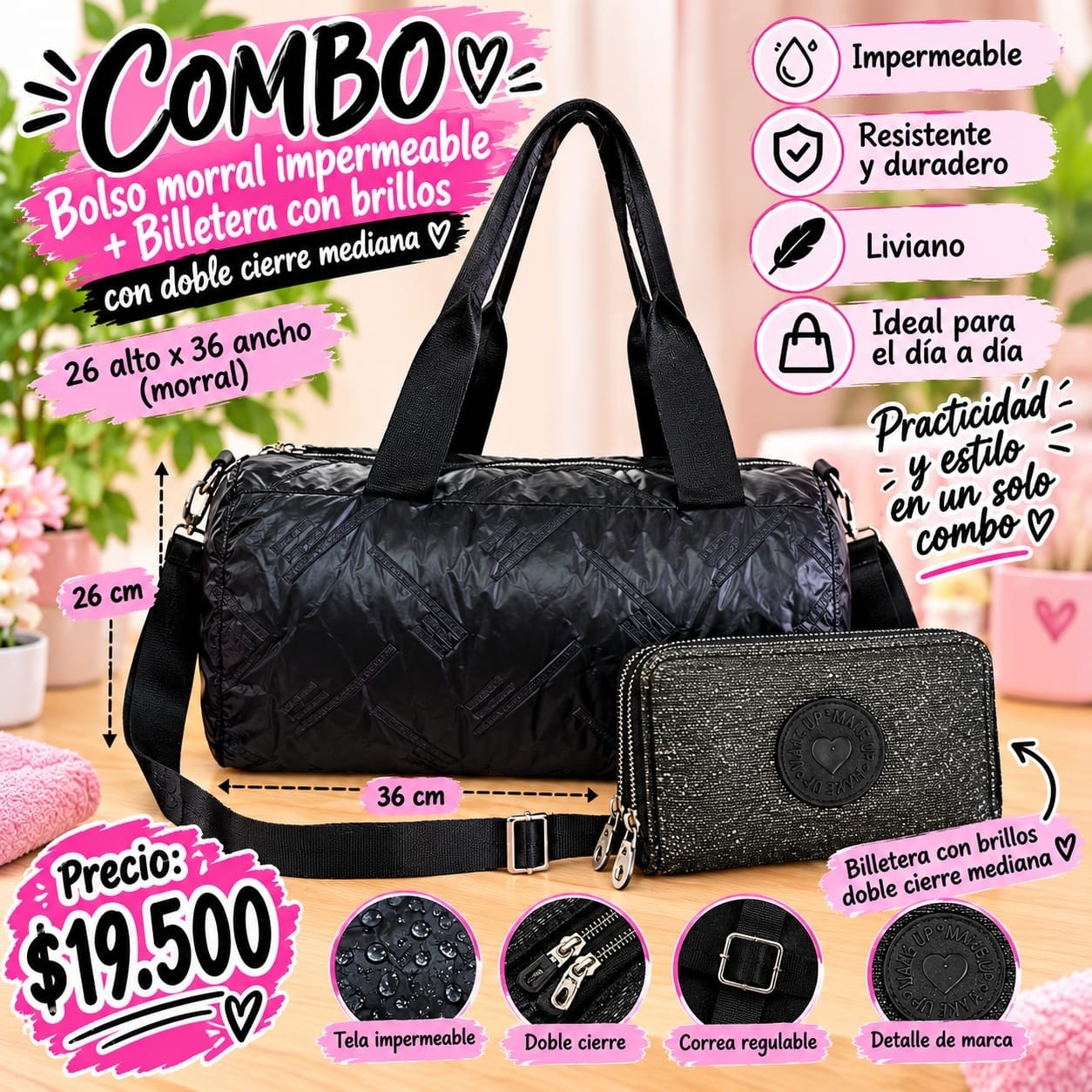 Bolso Morral Impermeable+ Billetera Doble Cierre Mediana - Imagen 2