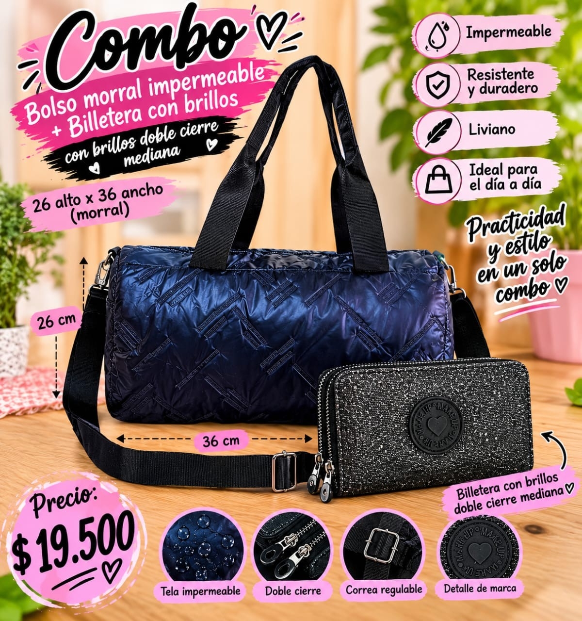 Bolso Morral Impermeable+ Billetera Doble Cierre Mediana - Imagen 3
