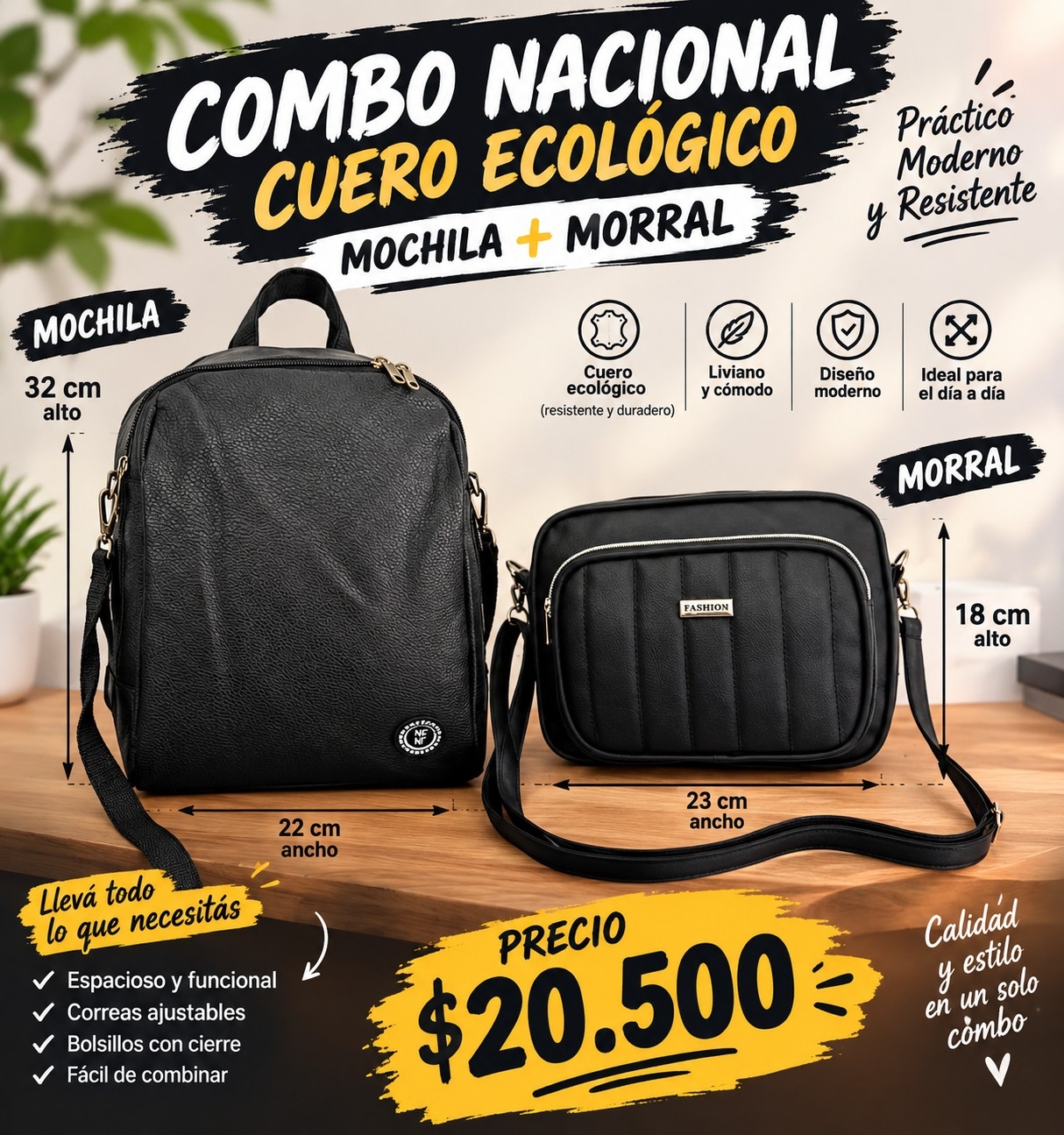 Combo Nacional de Cuero Ecológico Mochila + Morral - Imagen 1