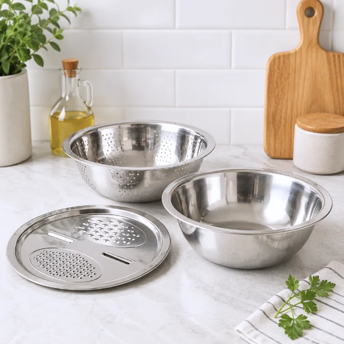 Set Multifuncional 3 en 1, Bowl, Colador y Tapa Rayador Steel - Cod: Sbk-us150