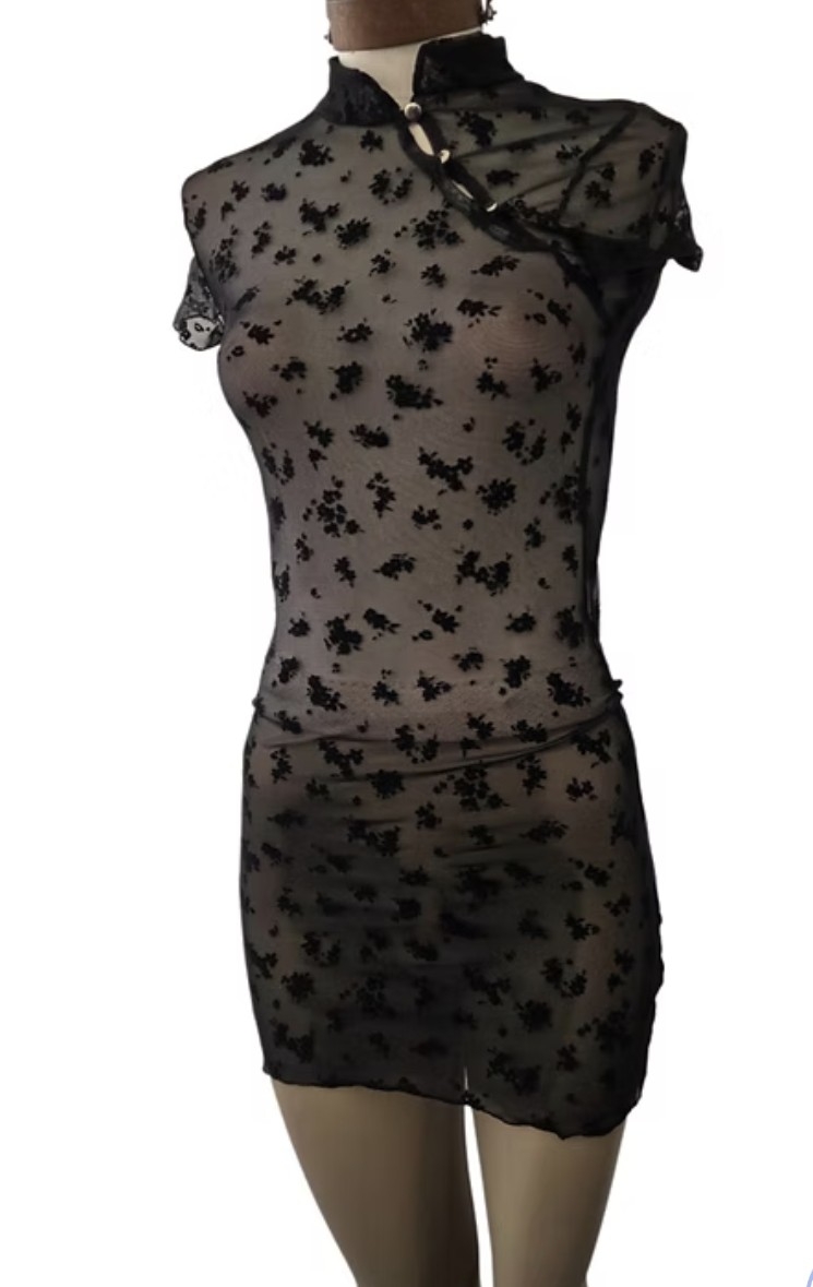 Mini Vestido Tul Flock Estilo Asiático - Imagen 3