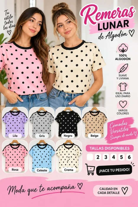 Remera Lunares Algodon Peinado con Lineas Hombros 2 al 6