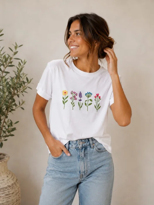 Remeras Bordadas Rosas