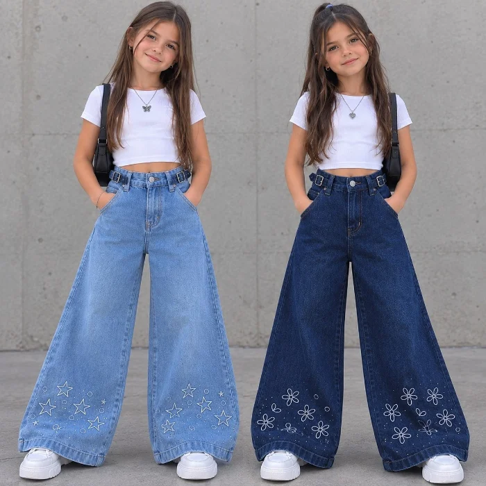Palazo Jeans Bordado con Brillo y Regulador en la Cintura Nena