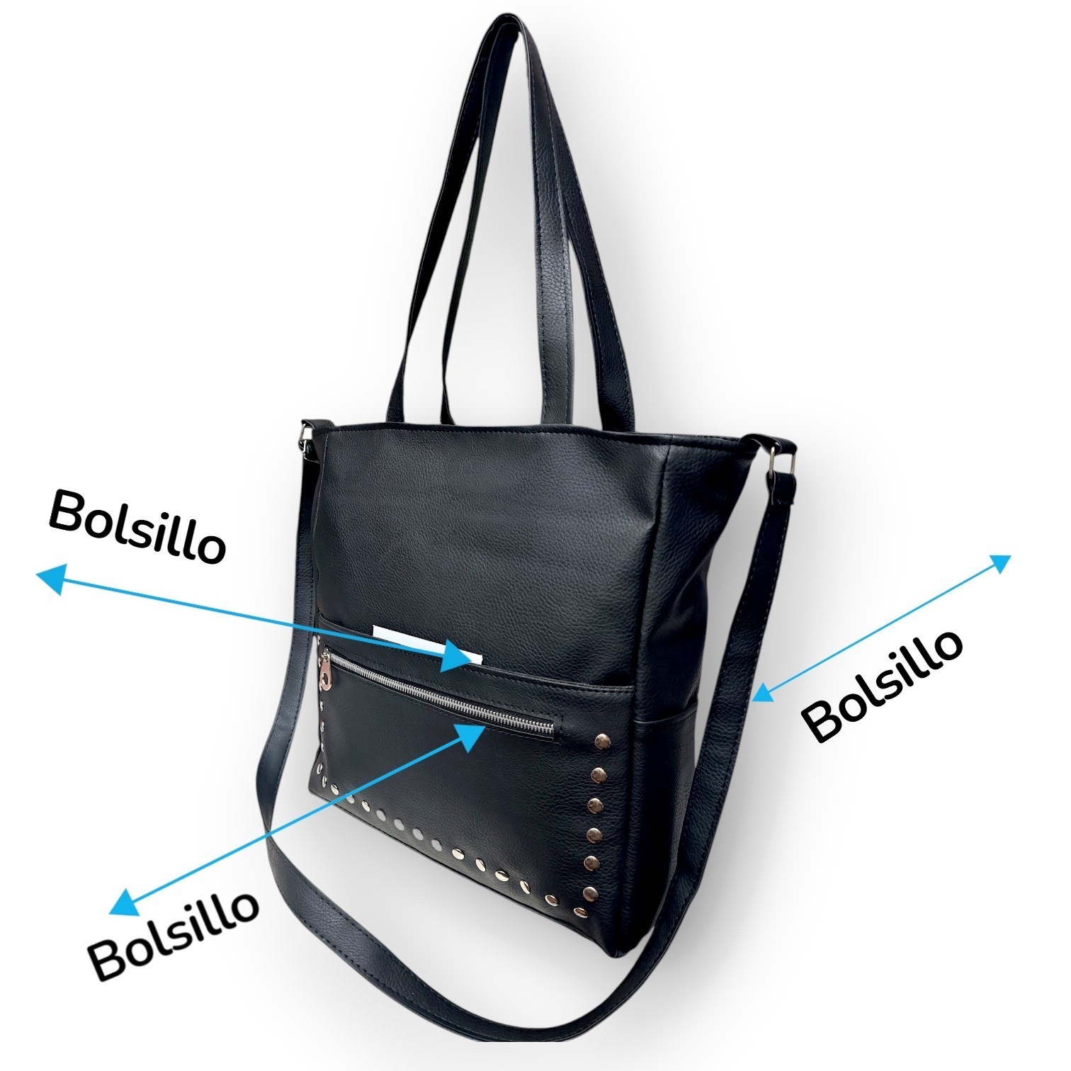 Bolso Cartera Tote Tachas C/ Tres Bolsillos y Forrada 33× 35× Prof 12 Cm Aprox - Imagen 3