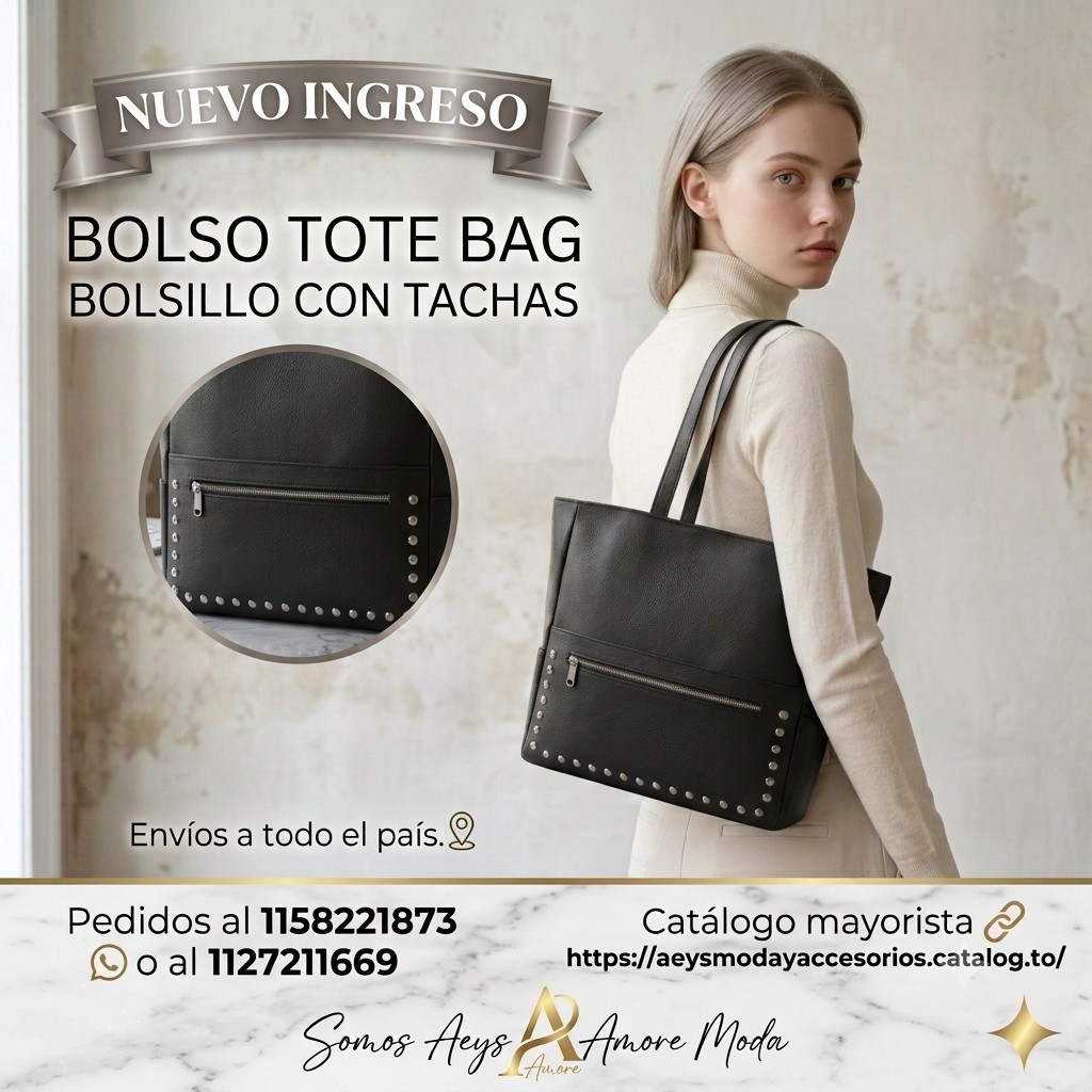 Bolso Cartera Tote con Tachas, Tres Bolsillos, Forrada, Mide 33cm × 35cm × 12cm Aprox - Imagen 1