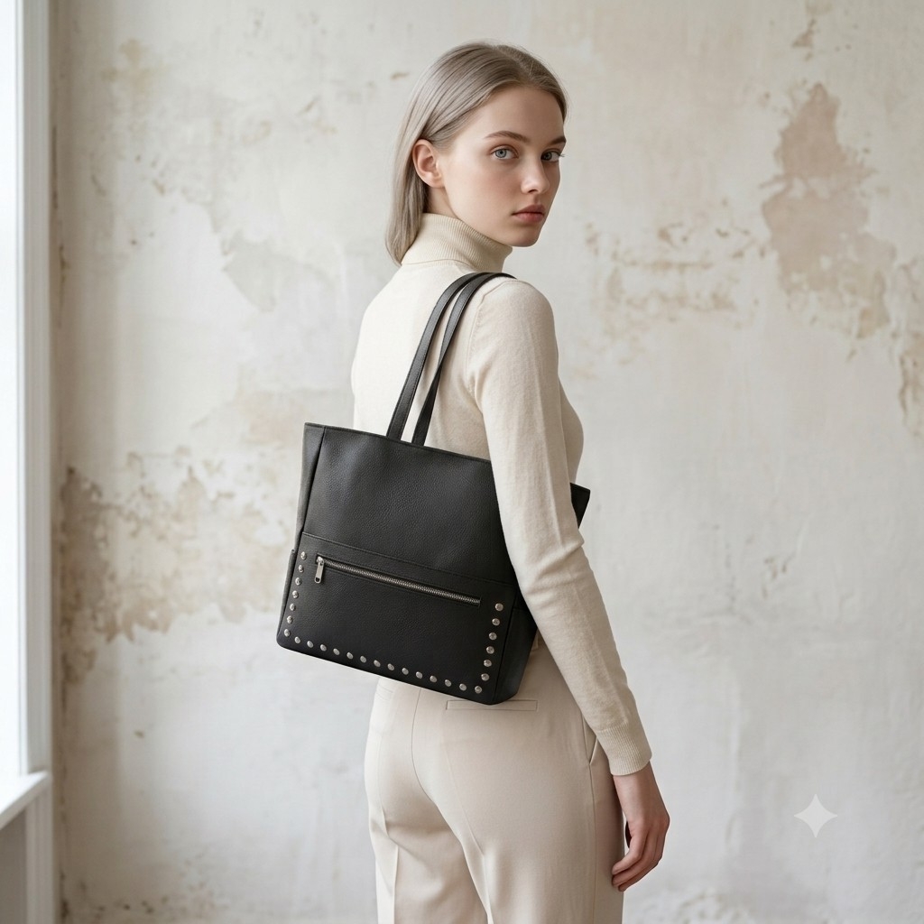 Bolso Cartera Tote con Tachas, Tres Bolsillos, Forrada, Mide 33cm × 35cm × 12cm Aprox - Imagen 2