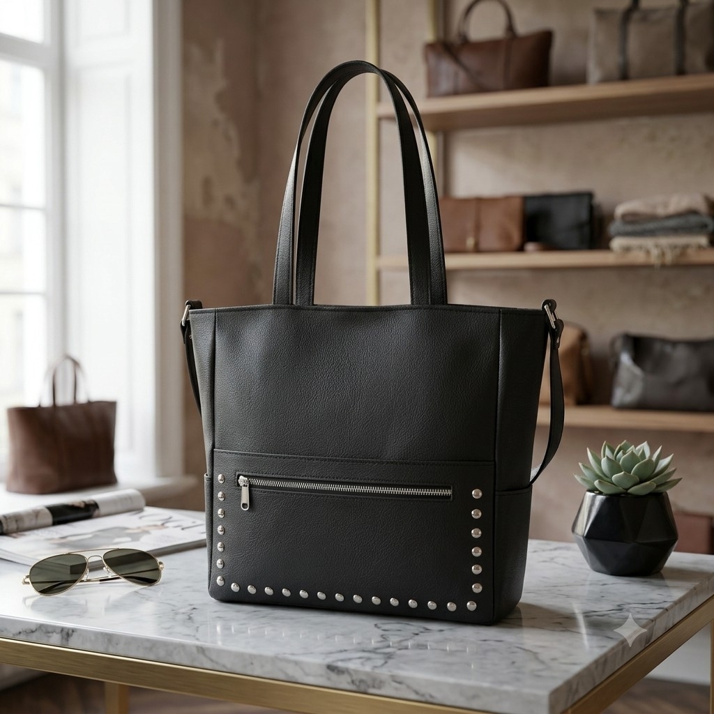 Bolso Cartera Tote con Tachas, Tres Bolsillos, Forrada, Mide 33cm × 35cm × 12cm Aprox - Imagen 3