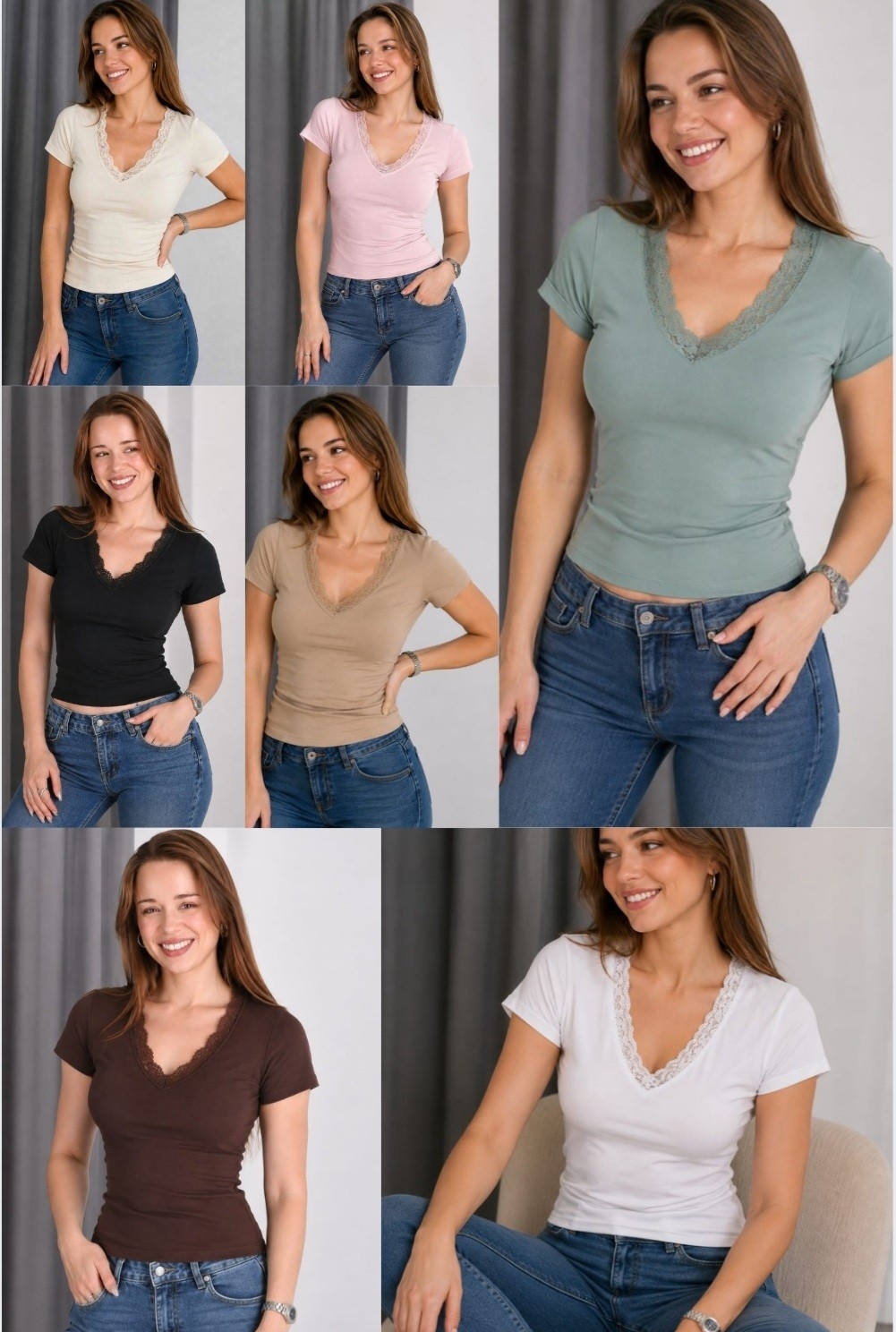 Remera Cuello en V ,cotton C/encaje - Imagen 3