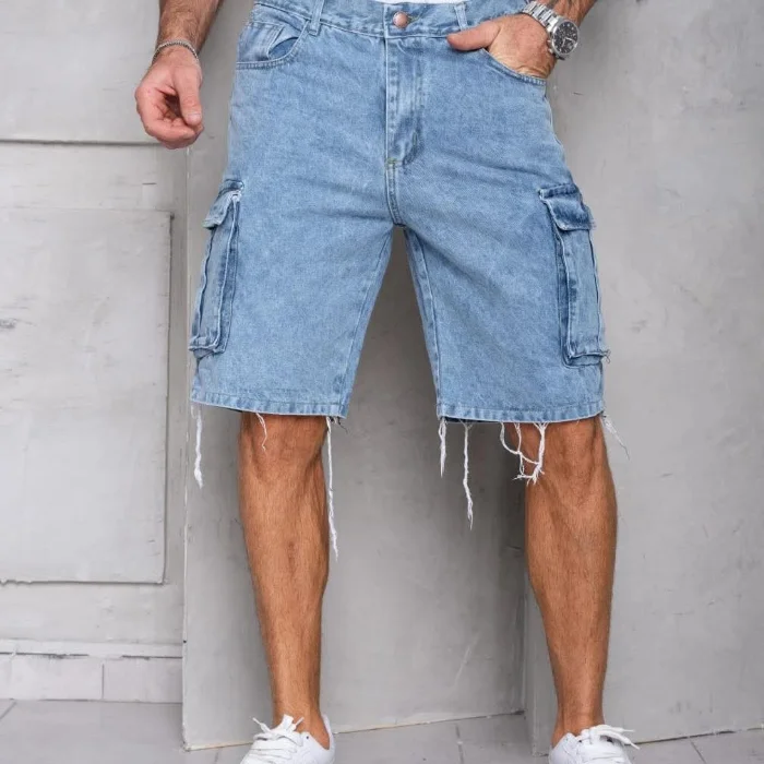 Bermudas Jeans Mom Cargo con Fuelle Celeste Nevado