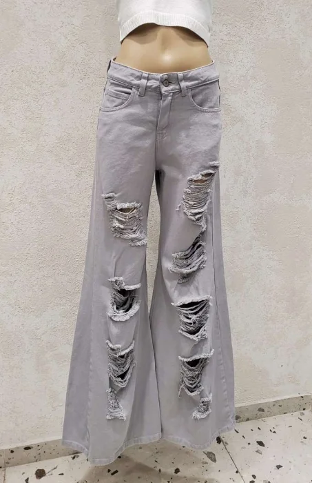 Mega Wide Color Gris con Roturas Tela Gabardina Premium