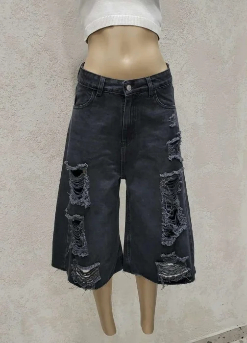 Bermuda Oversize Negra Denim Rigida Premium