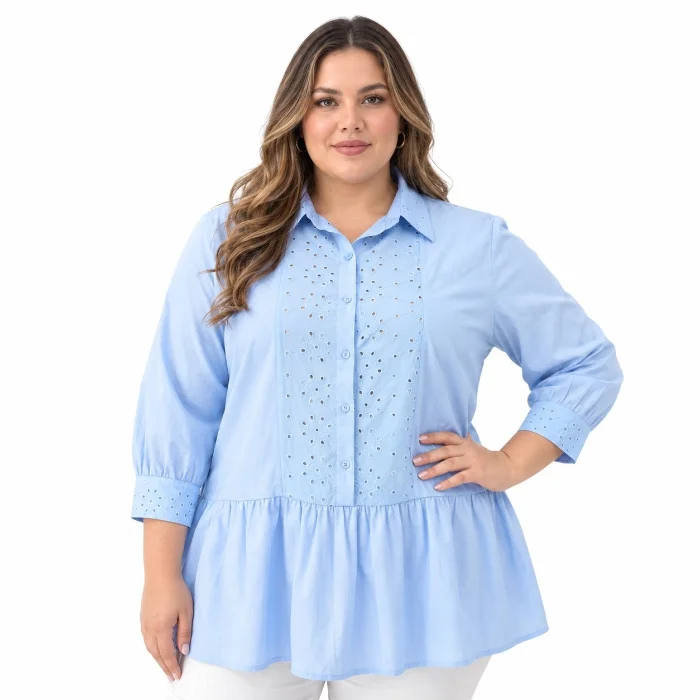 Camisa de Poplin con Broderie y Volados Abajo