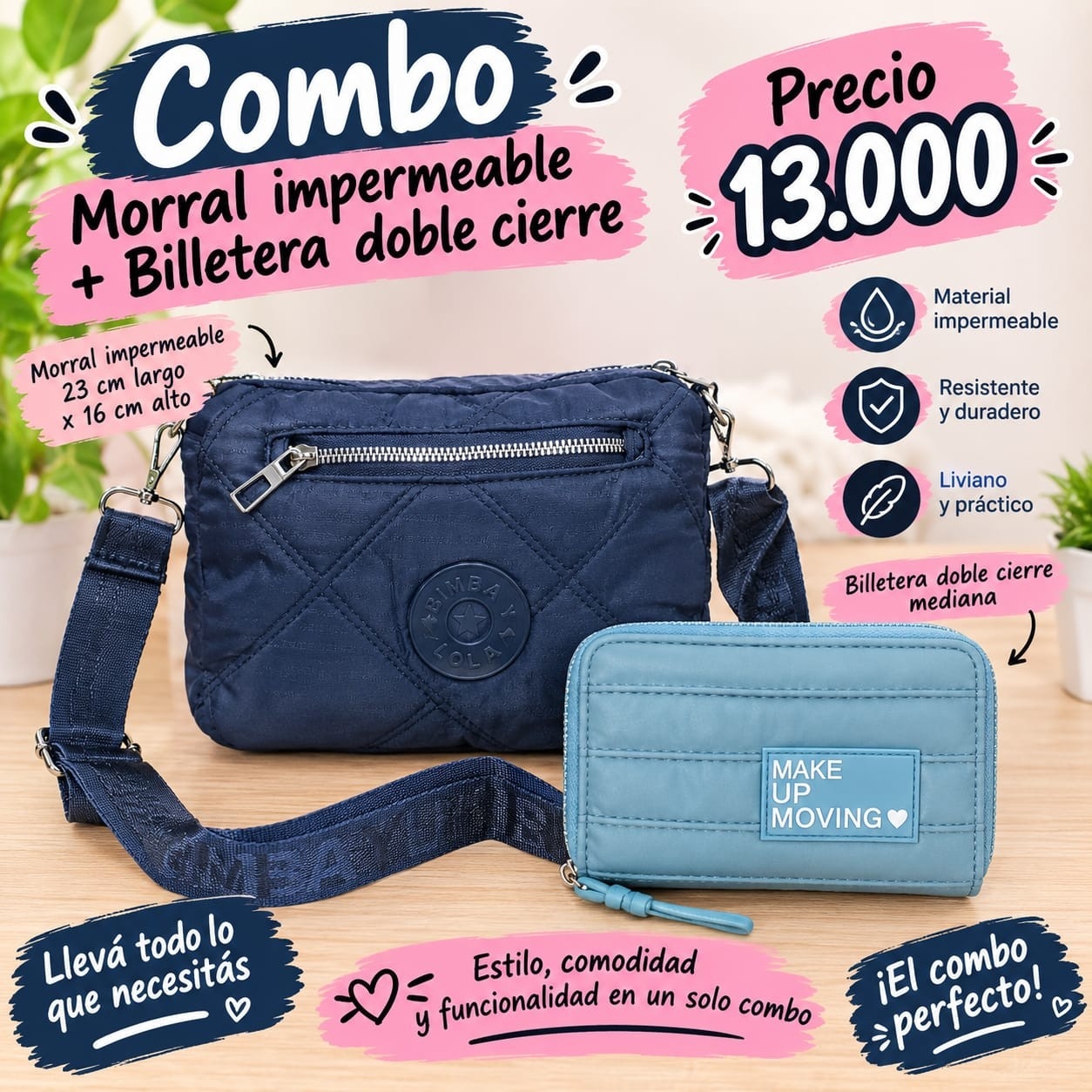 Combo Morral Impermeable + Billetera Doble Cierre Excelente Calidad - Imagen 4