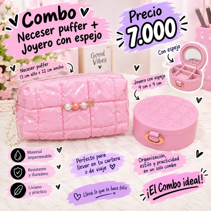 Neceser Puffer + Joyero con Espejo Excelente Calidad