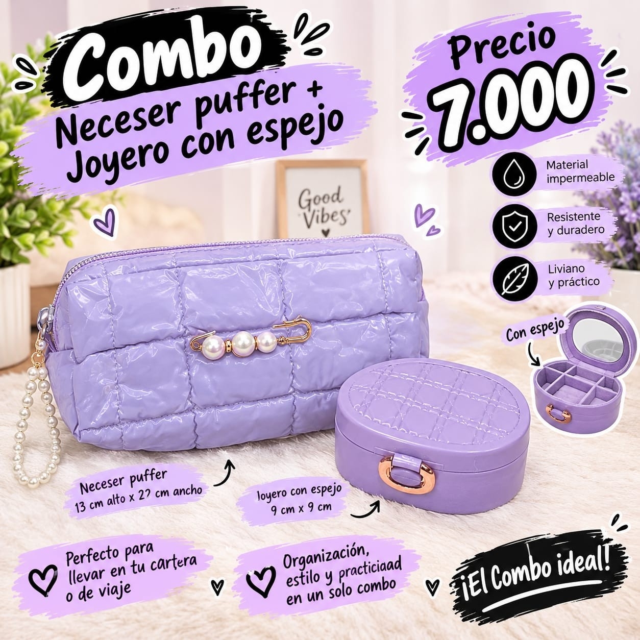 Neceser Puffer + Joyero con Espejo Excelente Calidad - Imagen 2