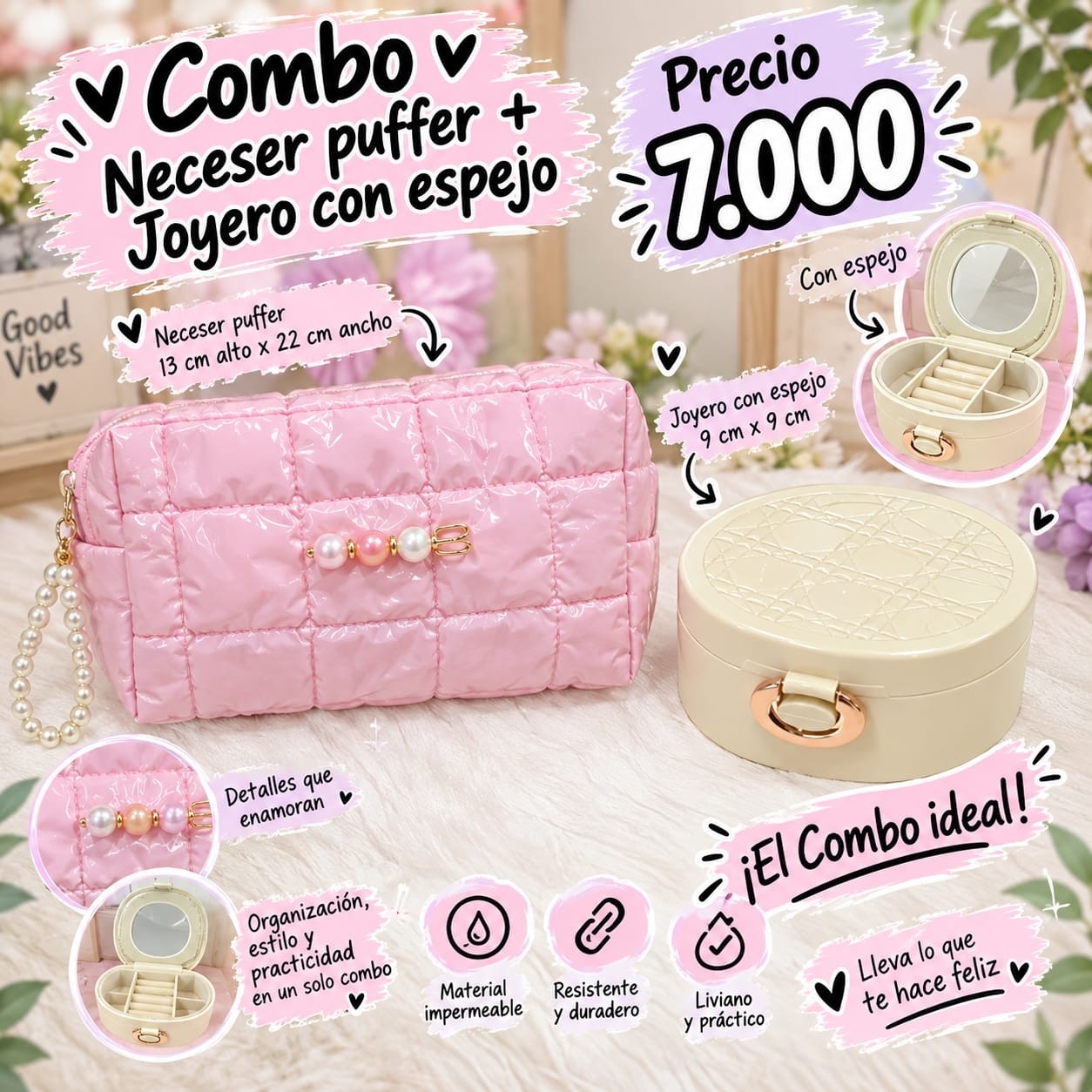 Neceser Puffer + Joyero con Espejo Excelente Calidad - Imagen 4