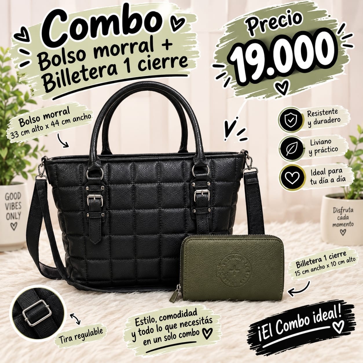 Bolso Morral con Tira Regulable + Billetera de 1 Cierre de Excelente Calidad - Imagen 1