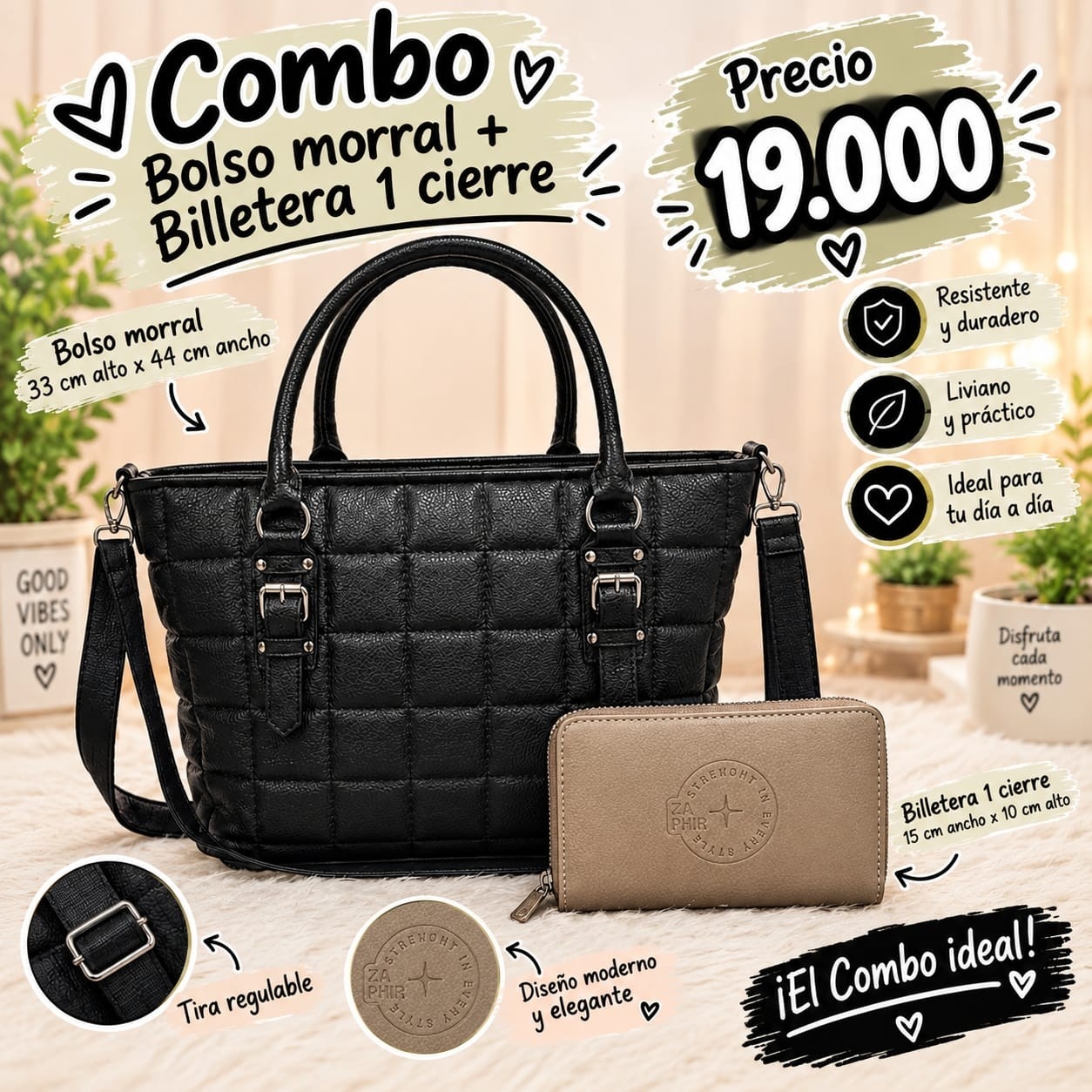 Bolso Morral con Tira Regulable + Billetera de 1 Cierre de Excelente Calidad - Imagen 2