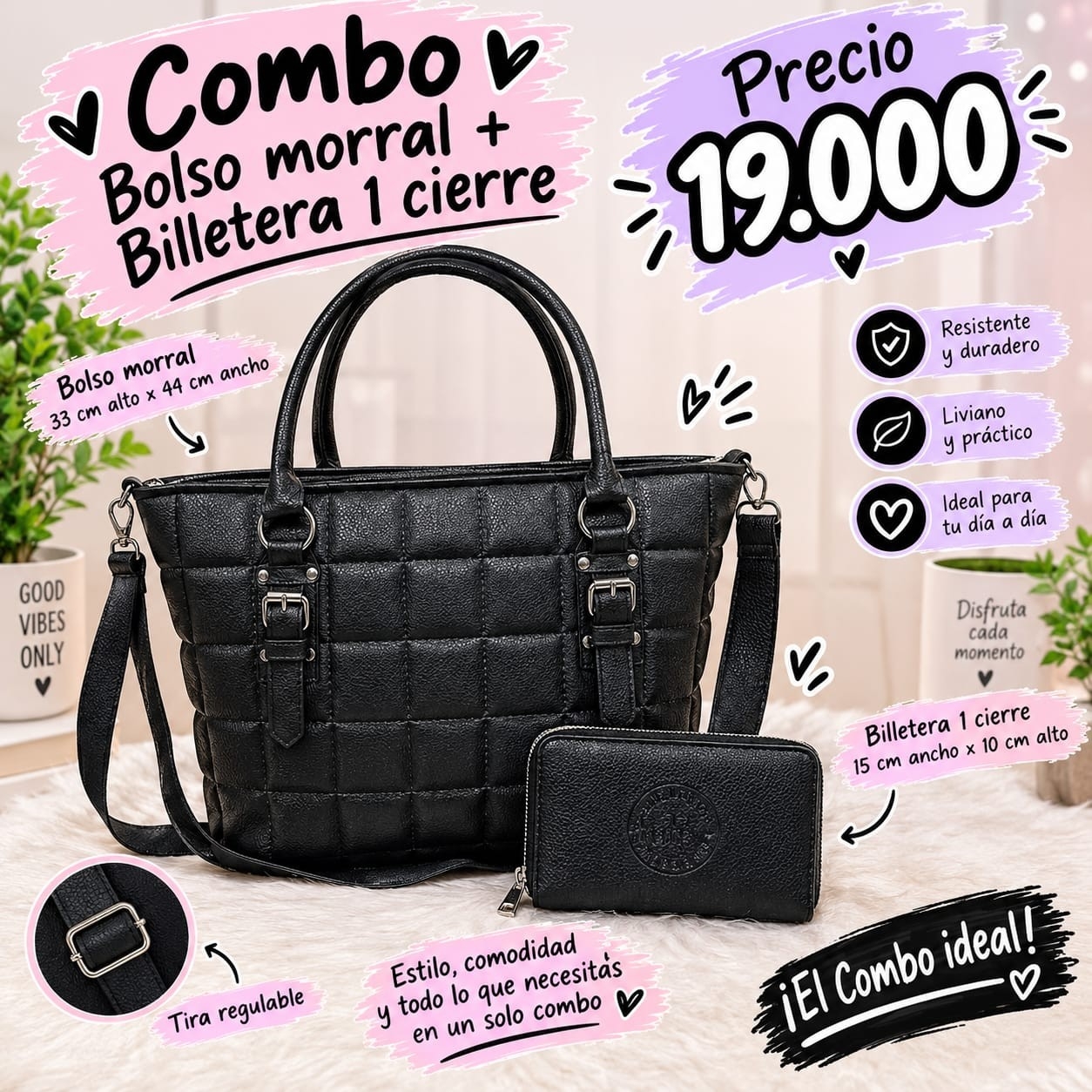 Bolso Morral con Tira Regulable + Billetera de 1 Cierre de Excelente Calidad - Imagen 3