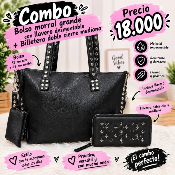 Bolso Morral Grande de Tachas  + Billetera Doble Cierre Mediana de Excelente Calidad