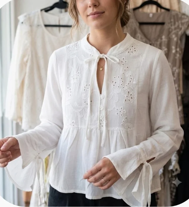 Blusa Polinen Bordado C/boton y Cordon