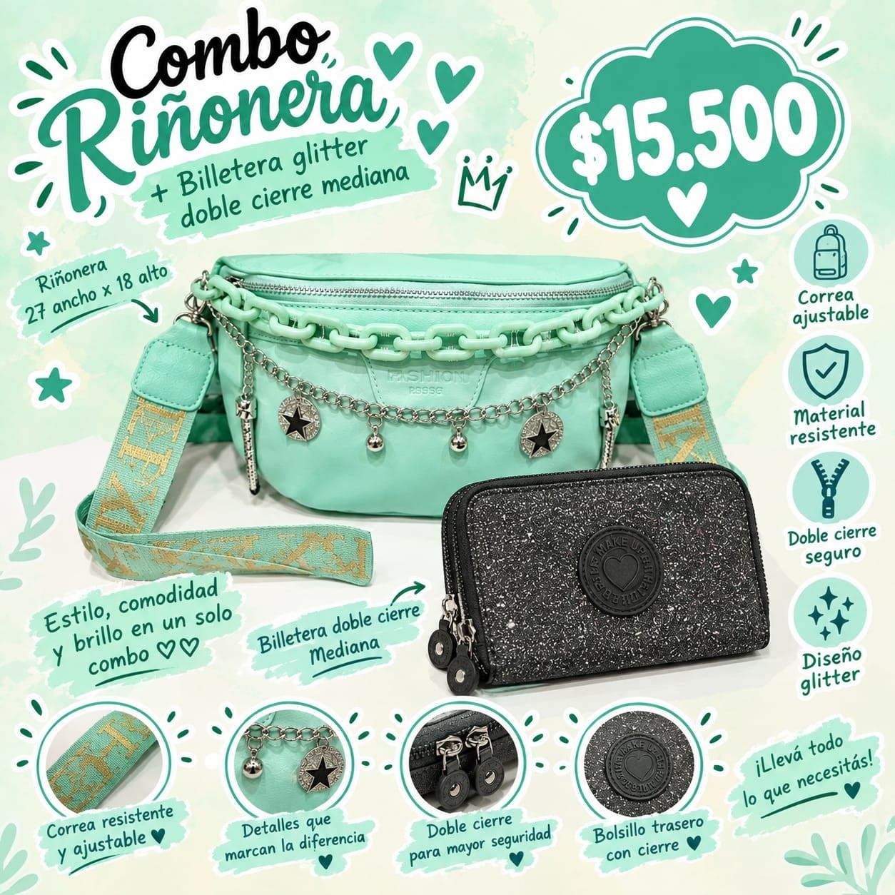 Combo Riñonera de Cuero Pu+ Billetera Glitter - Imagen 1