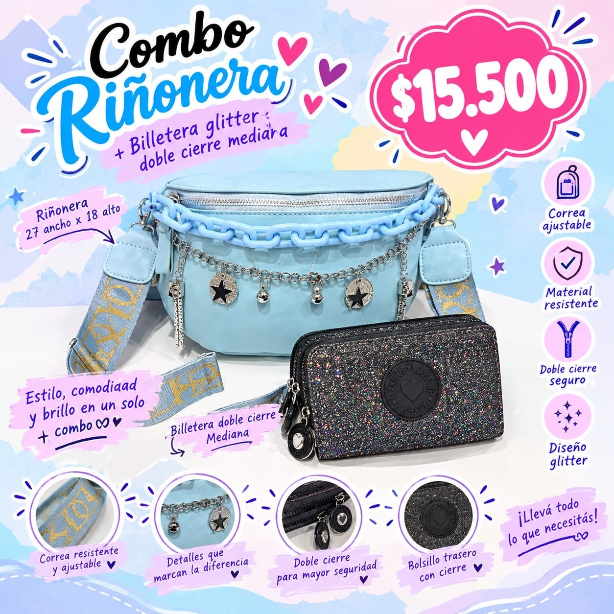 Combo Riñonera de Cuero Pu+ Billetera Glitter - Imagen 2