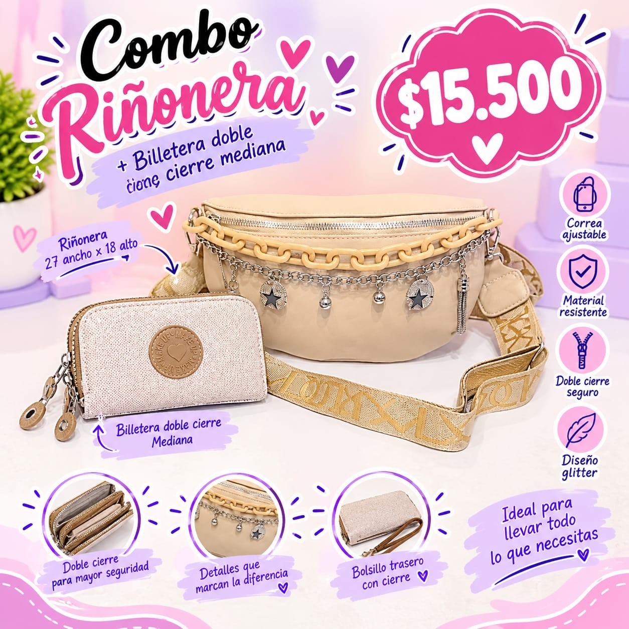 Combo Riñonera de Cuero Pu+ Billetera Glitter - Imagen 3