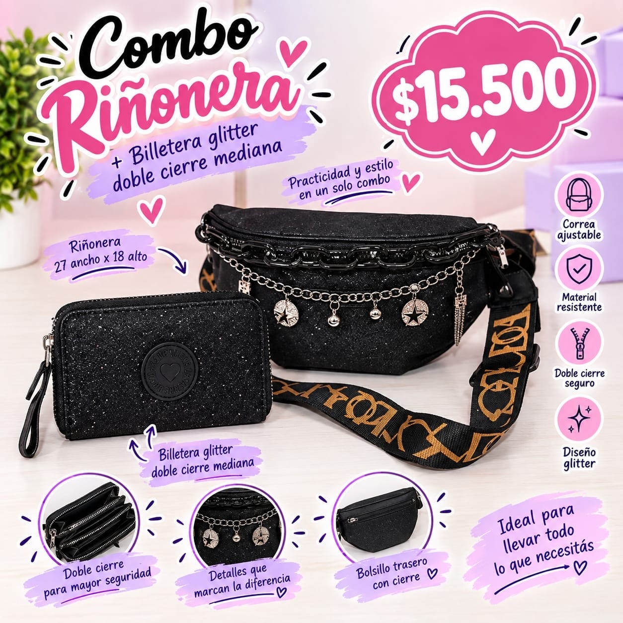 Combo Riñonera de Cuero Pu+ Billetera Glitter - Imagen 4