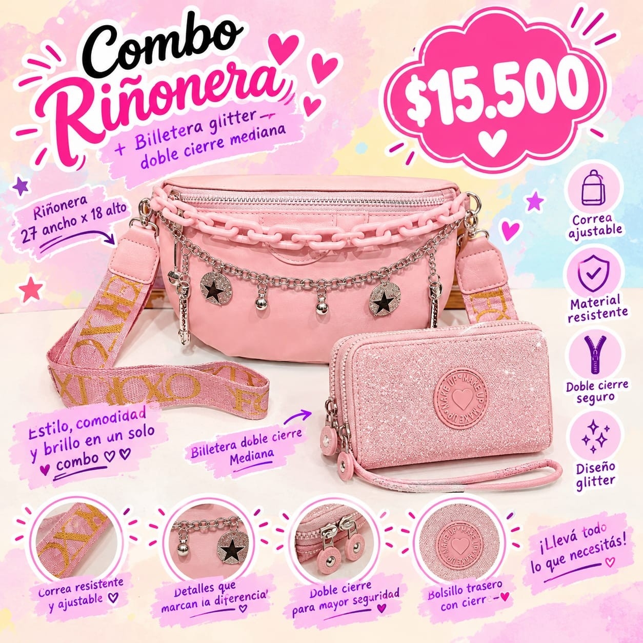 Combo Riñonera de Cuero Pu+ Billetera Glitter - Imagen 5