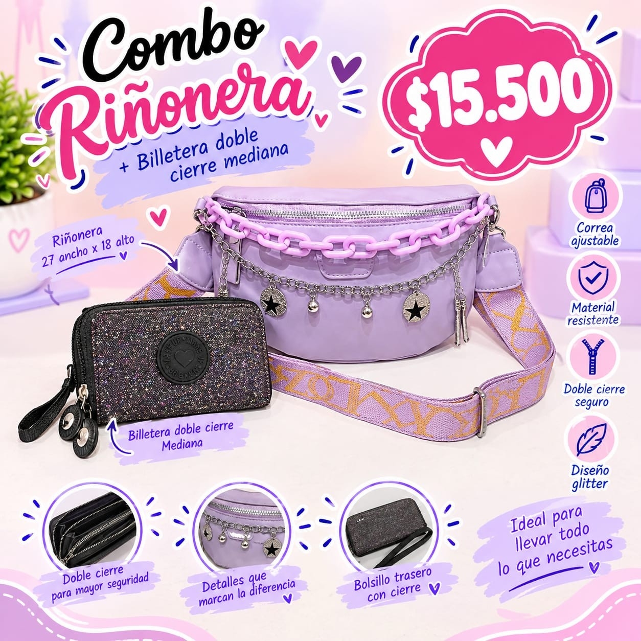 Combo Riñonera de Cuero Pu+ Billetera Glitter - Imagen 6