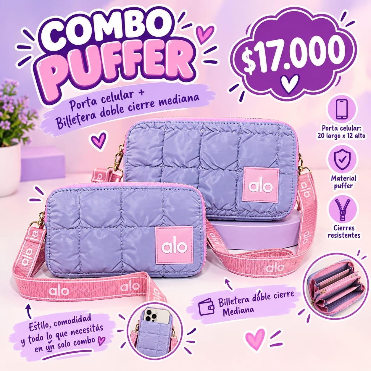 Combo Puffer Portacelular + Billetera Doble Cierre Excelente Calidad - Imagen 1