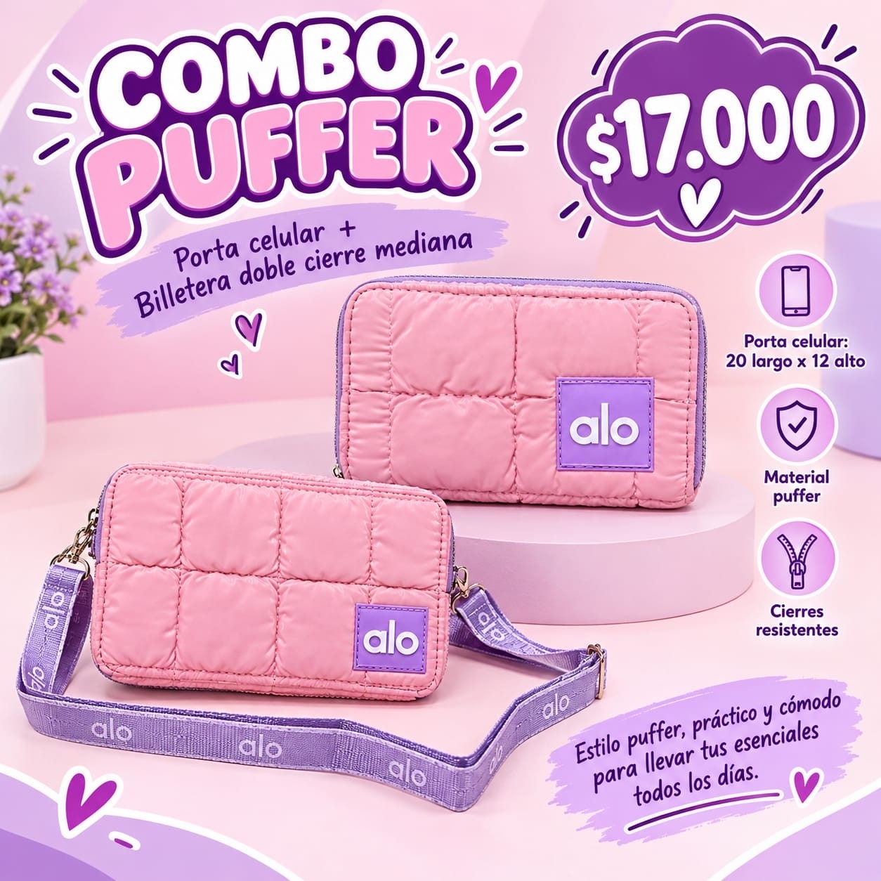 Combo Puffer Portacelular + Billetera Doble Cierre Excelente Calidad - Imagen 2