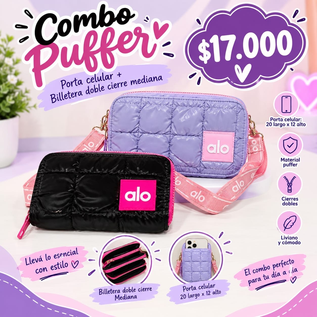 Combo Puffer Portacelular + Billetera Doble Cierre Excelente Calidad - Imagen 3