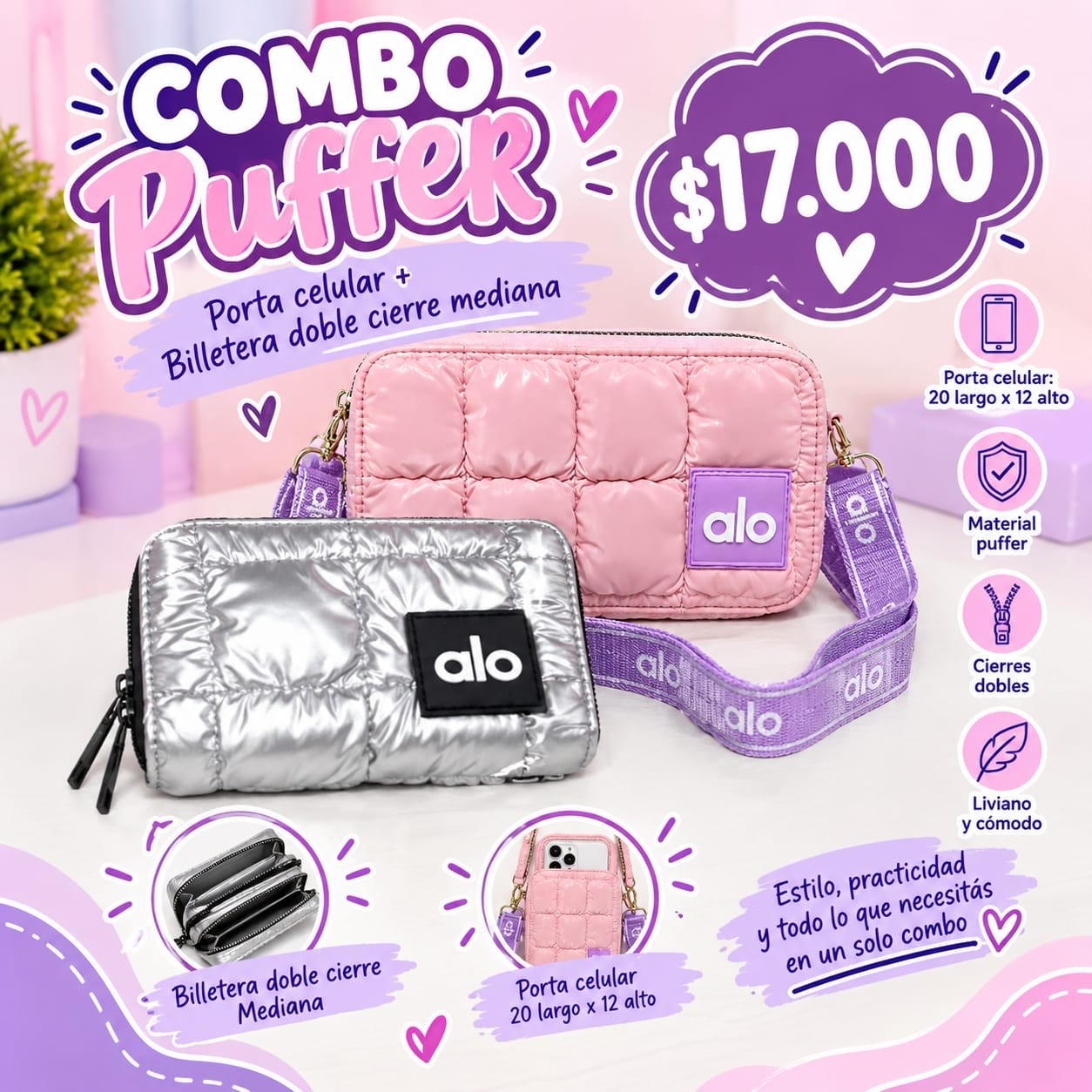 Combo Puffer Portacelular + Billetera Doble Cierre Excelente Calidad - Imagen 4