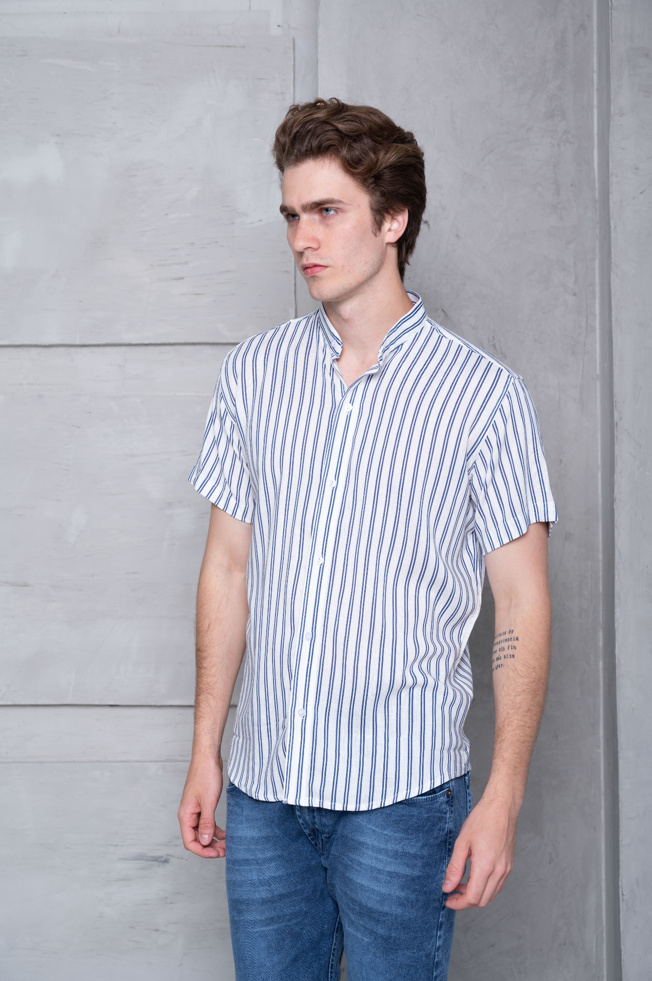 Camisa Lino Rayado Cuello Mao - Imagen 3