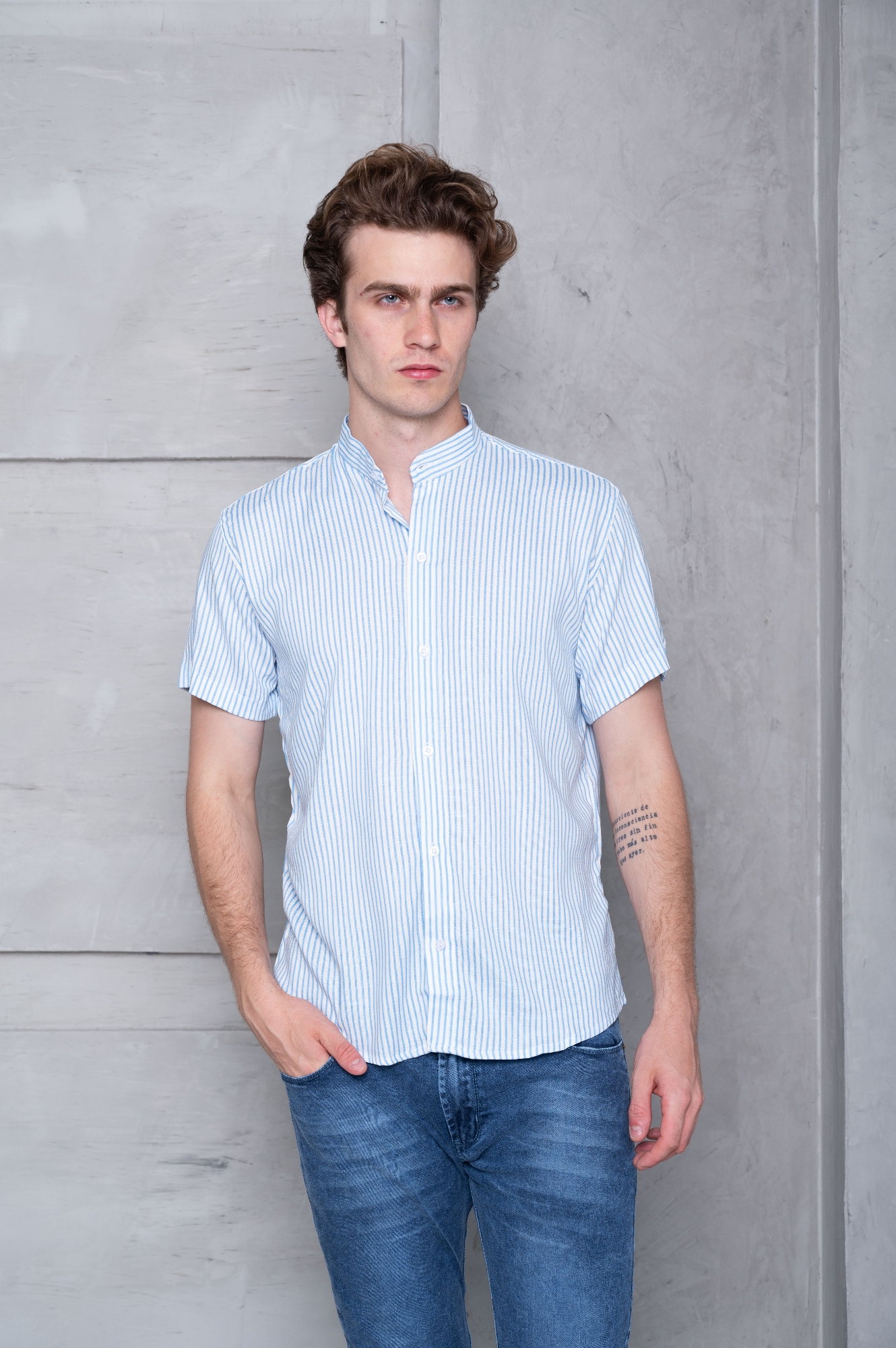 Camisa Lino Rayado Cuello Mao - Imagen 4
