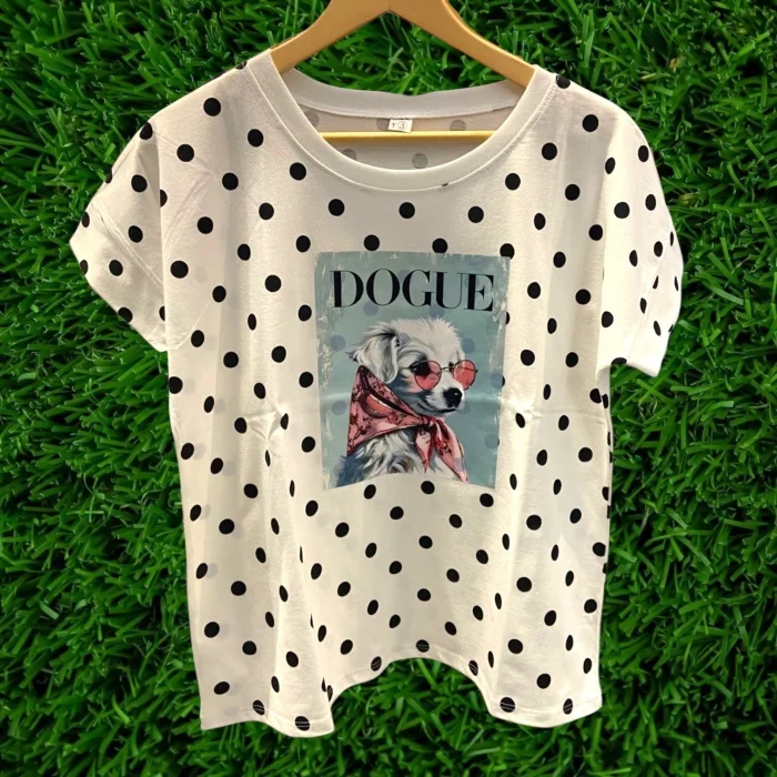 Remera Lunares con Estampa Dama Algodón Peinado