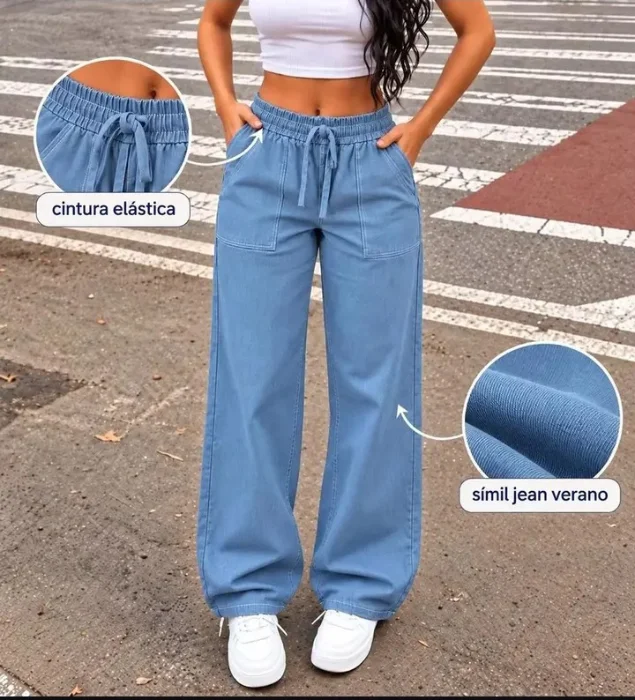 Palazo Wide Leg Color Jean con Elástico en la Cintura Importado