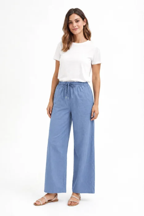 Palazo Wide Leg Color Jean con Elástico en la Cintura Importado