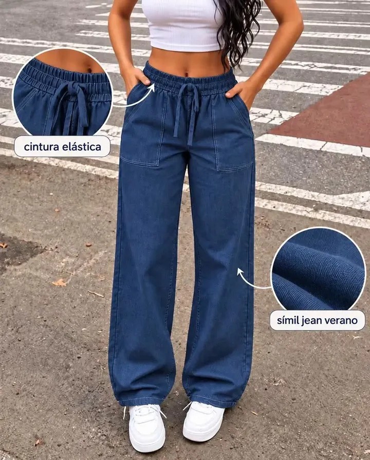 Palazo Wide Leg Color Jean con Elástico en la Cintura Importado - Imagen 2